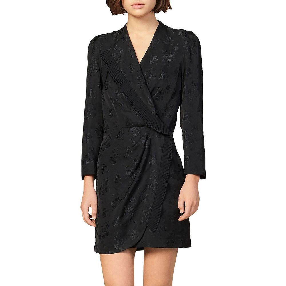 Sandro‎ Wells Dress Black Jacquard Size 8 Long Sleeve Wrap Pleated Chic French
